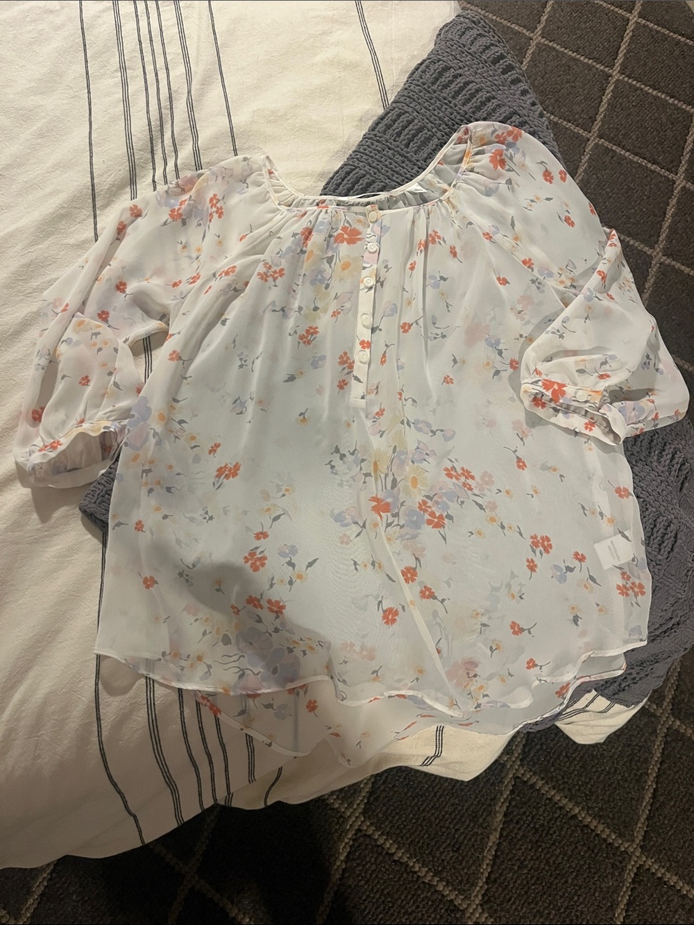 LC Lauren Conrad Sheer Floral Peasant Blouse - Cream with Orange & Pale Blue